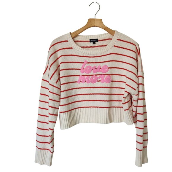 Originality Sweaters - Originality Striped Love More Cropped Sweater Cream Red Knit Preppy Cute Cozy